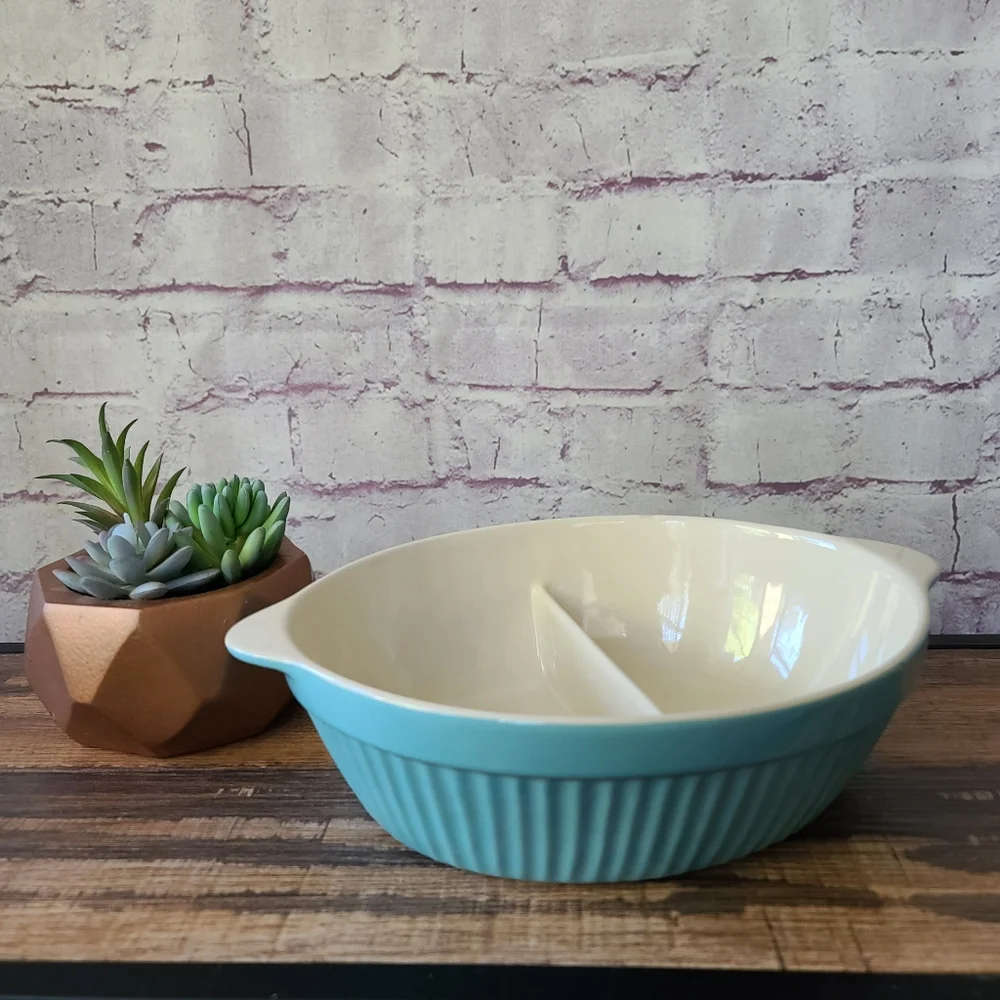 Ethos UK Design Aqua Cream Fluted Ceramic Oval Divided Baking Serving Dish 8x11
